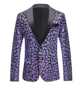 Blue pink gold Velvet sequins Jazz dance blazers for men youth band singers gig performance lapel coat gogo dancers party jive dancing jacket for man